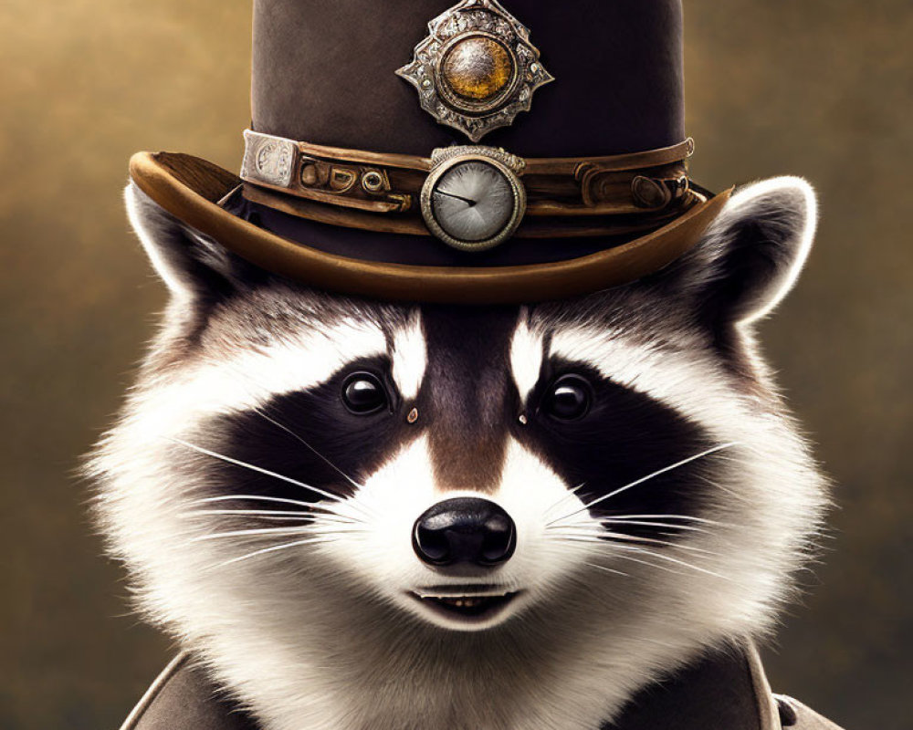 Steampunk-inspired raccoon in top hat with metallic gears outfit