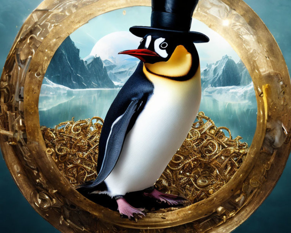 Penguin in Top Hat in Golden Circle with Icy Landscape