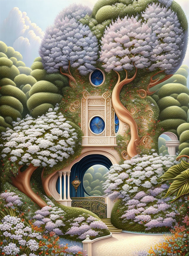 Illustration of whimsical treehouse in lush garden