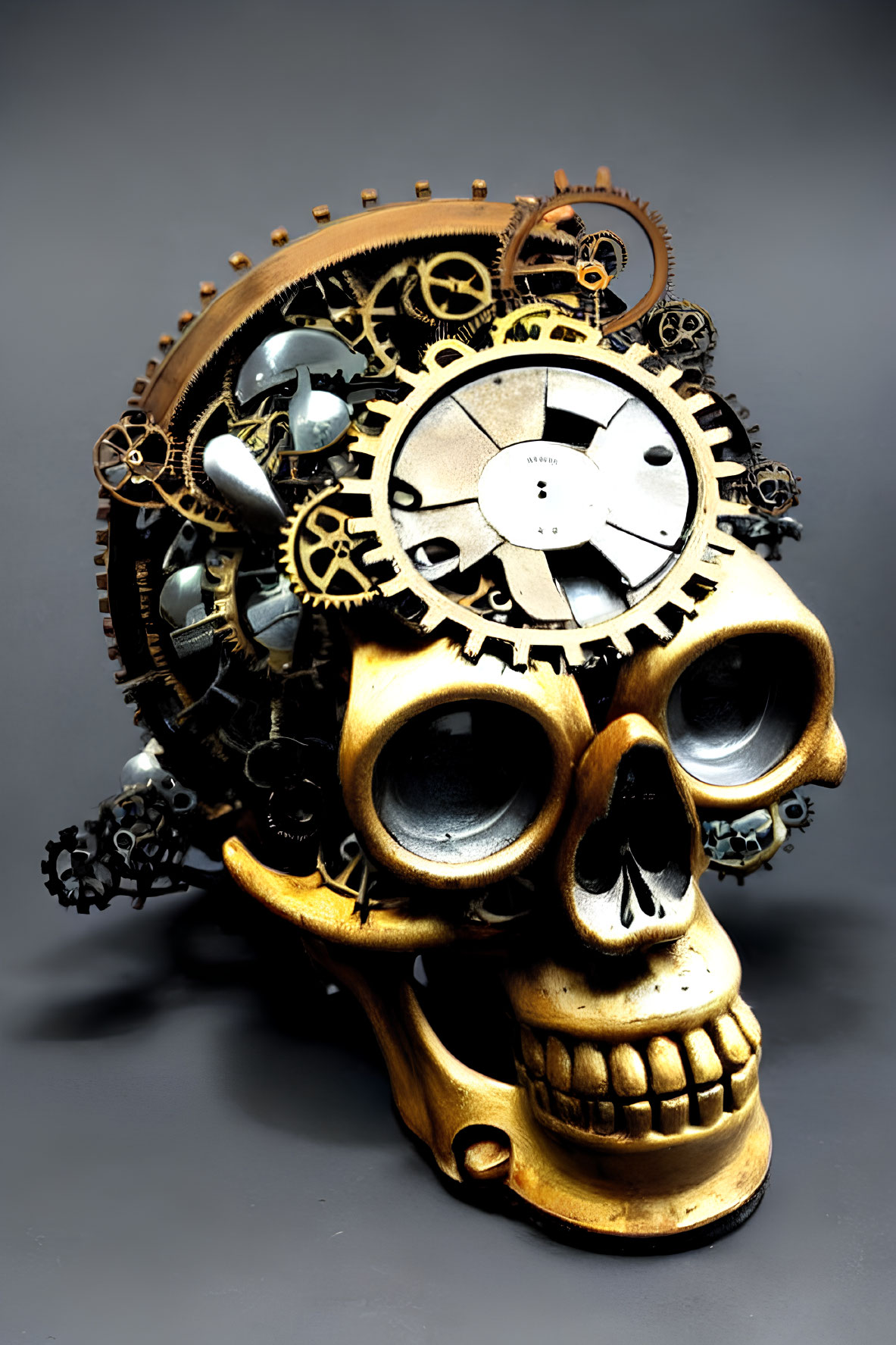 Brass-colored skull with exposed brain area replaced by mechanical gears and cogs