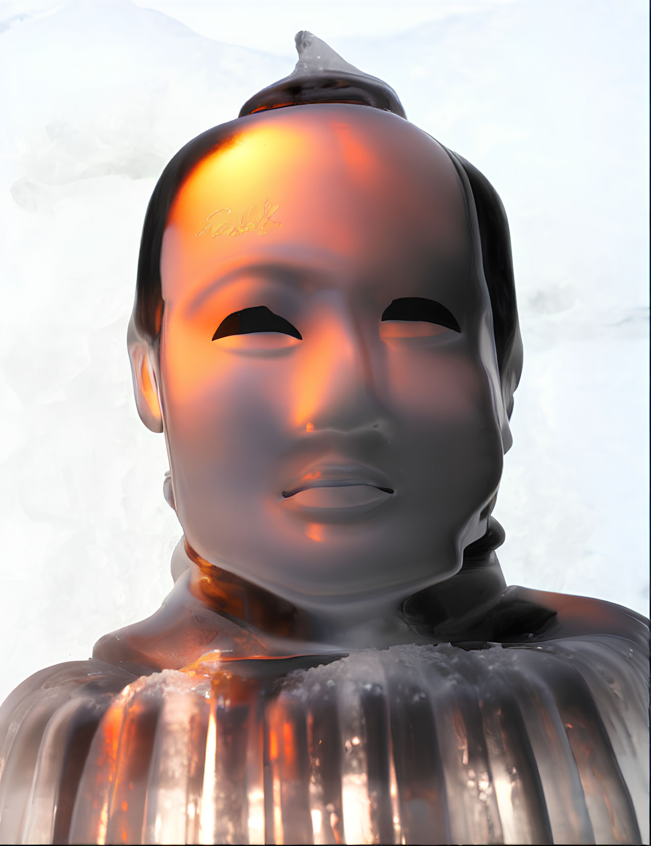 Translucent human head sculpture on icy background with warm amber glow
