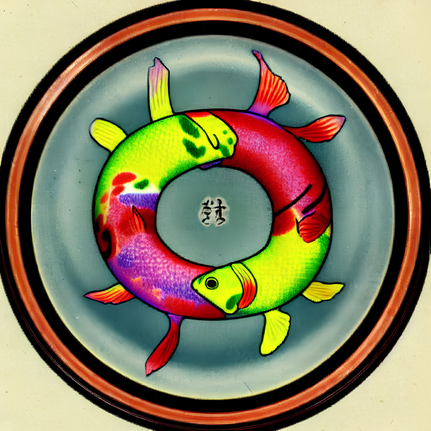 Vibrant koi fish lifebuoy illustration with oriental characters on beige background