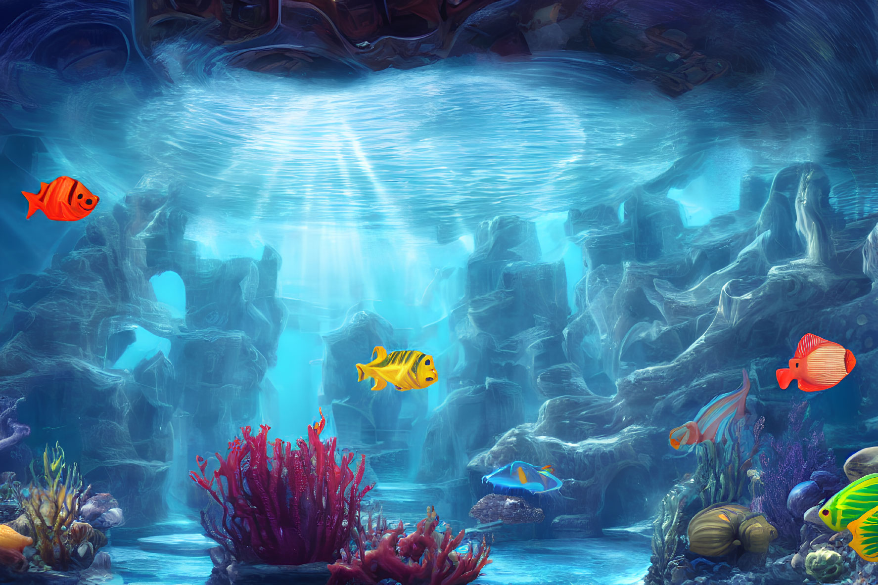 Colorful Fish Swimming in Underwater Coral Reef Scene