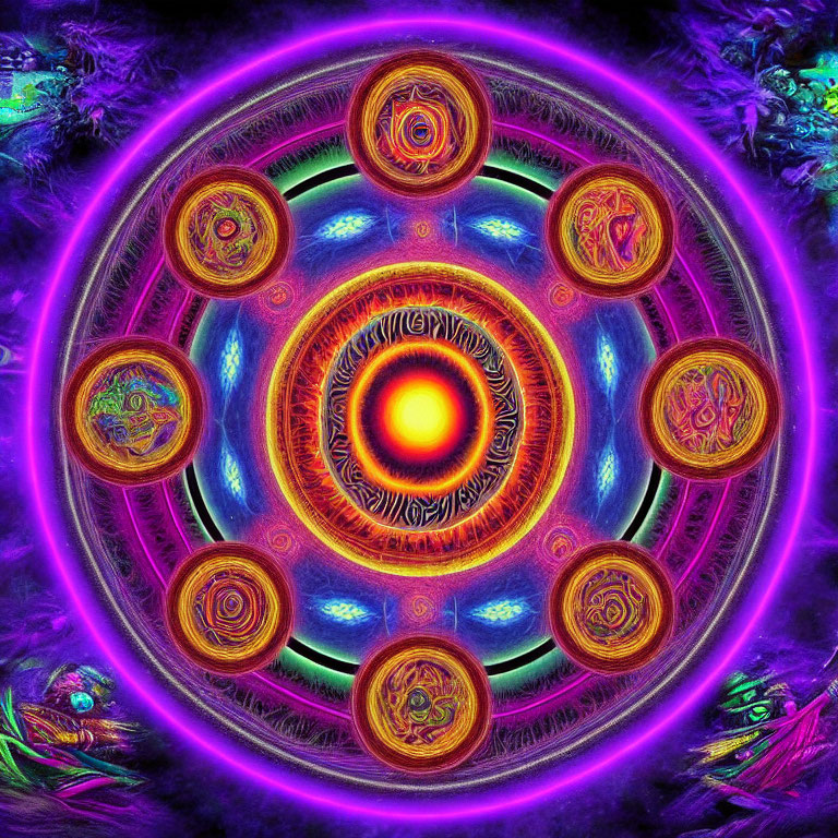 Colorful Psychedelic Mandala with Neon Fractal Patterns