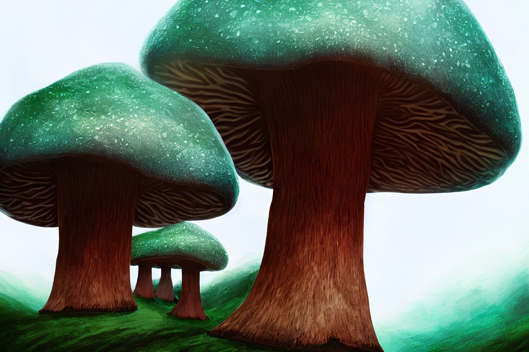 Fantasy illustration of oversized mushrooms in foggy setting