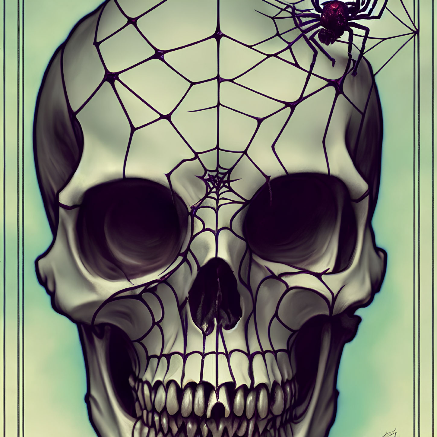 Human skull illustration with spider and web on forehead, against muted backdrop