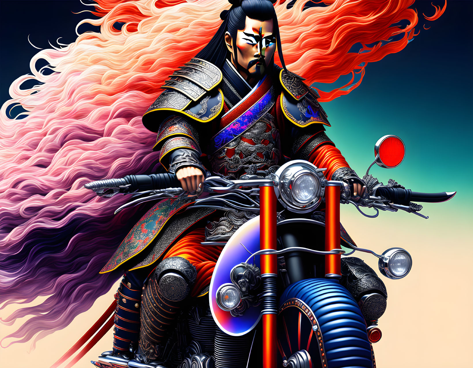 Samurai riding a sazuki motorcycle