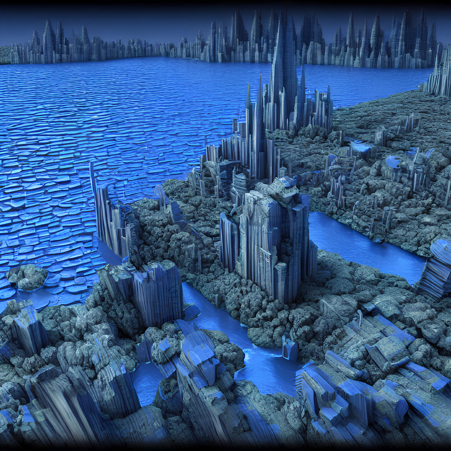 Blue fractal landscape with spiky structures resembling cityscape and floating geometric shapes in water