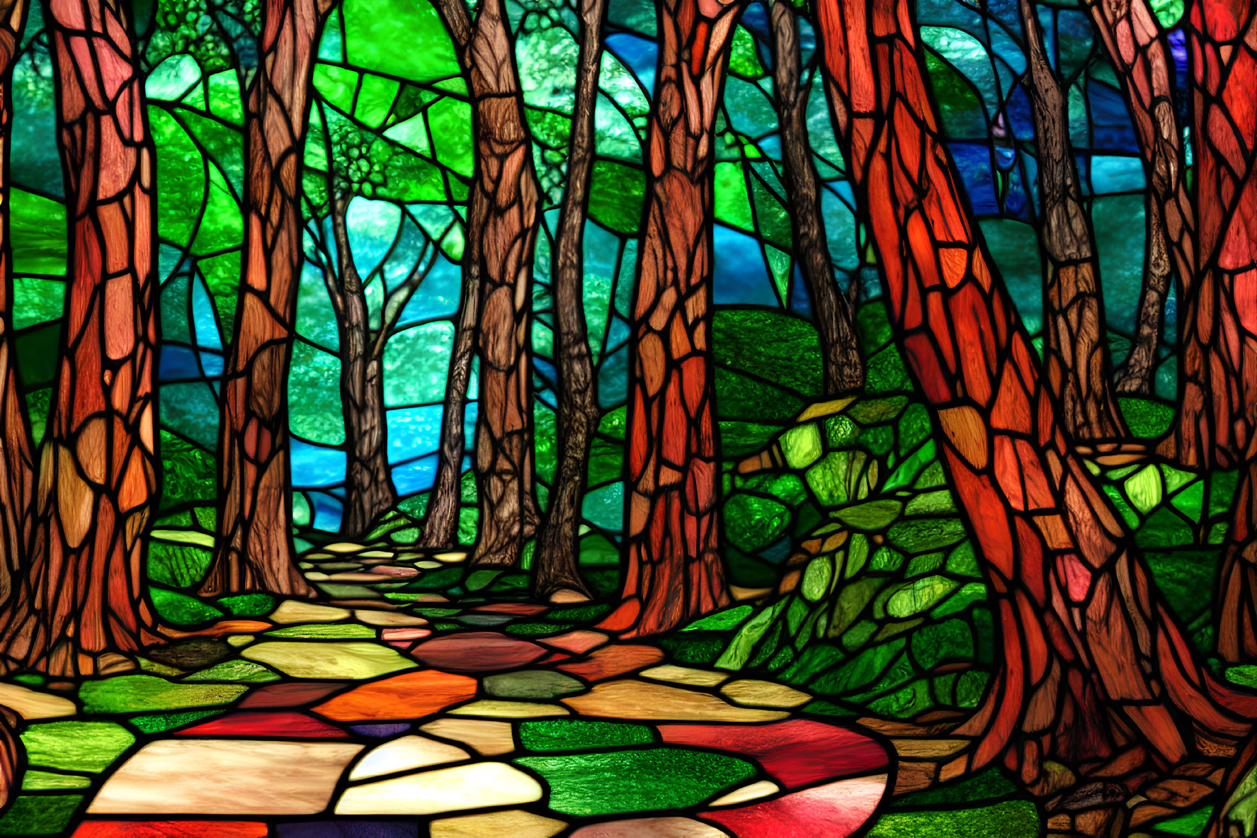 Vibrant forest scene in stylized stained glass design