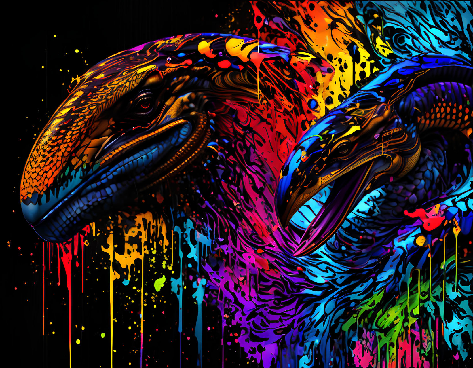Colorful Velociraptors Artwork with Dripping Paint Textures