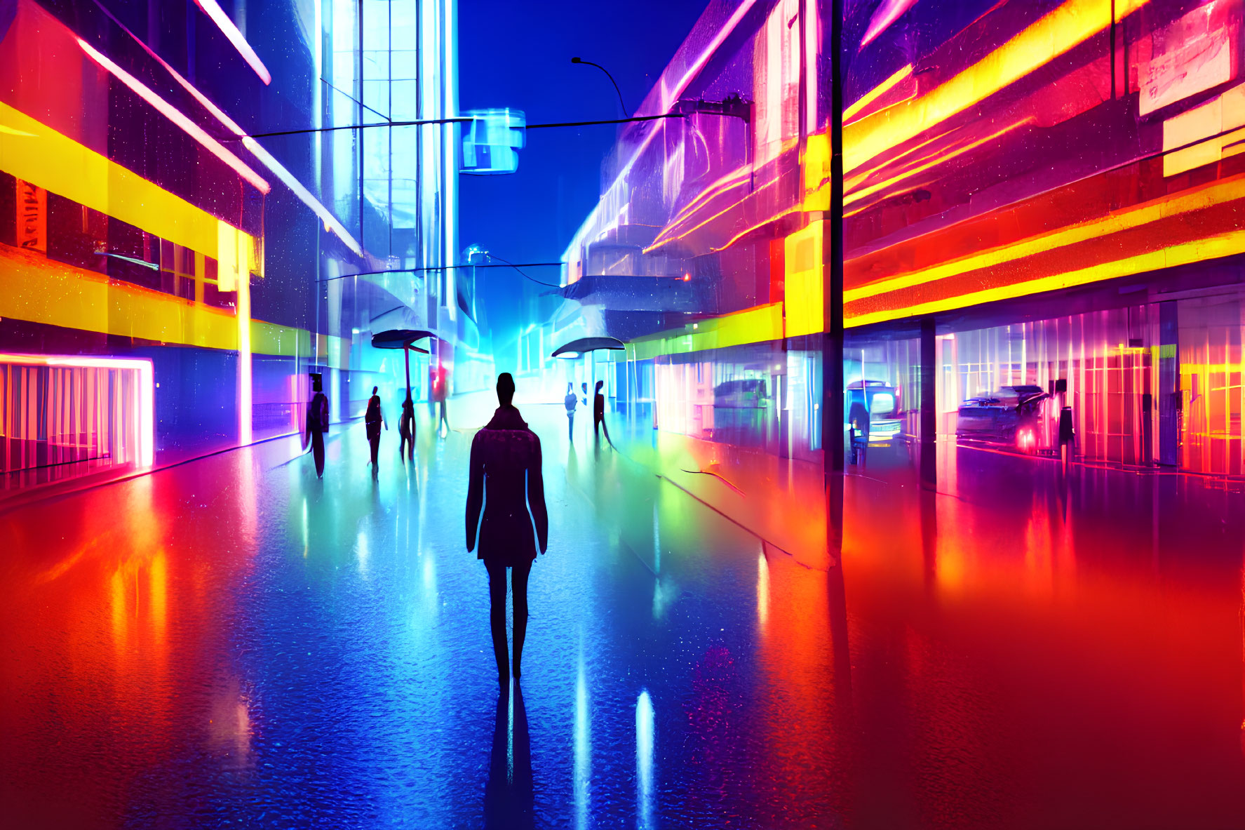Vibrant futuristic cityscape with neon lights, pedestrians, and cars at night