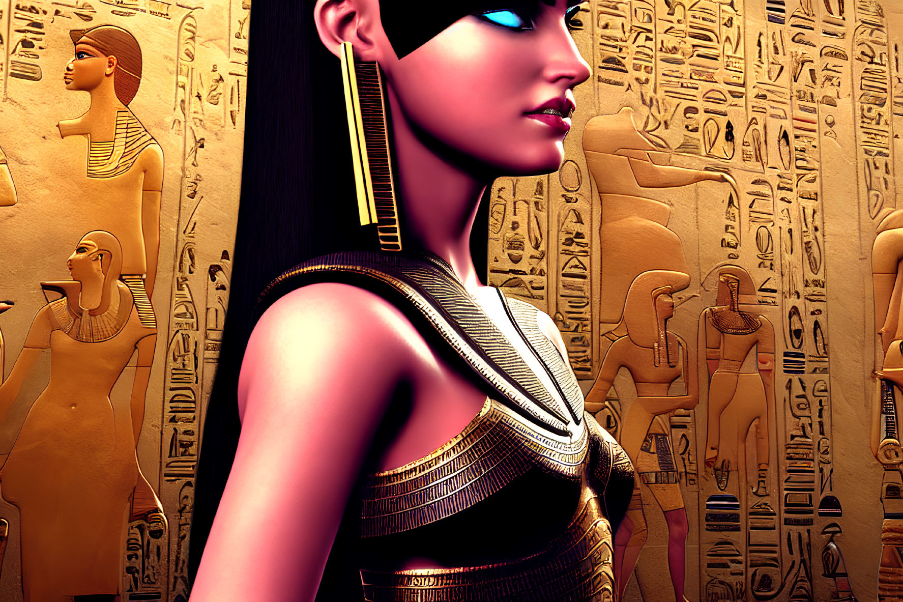 3D-rendered female character in ancient Egyptian attire with hieroglyph-covered walls