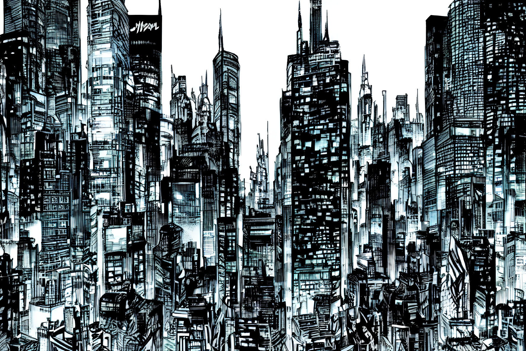 Detailed Monochromatic Futuristic Cityscape Illustration