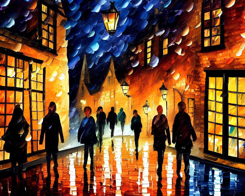Colorful painting of people walking on wet street at night