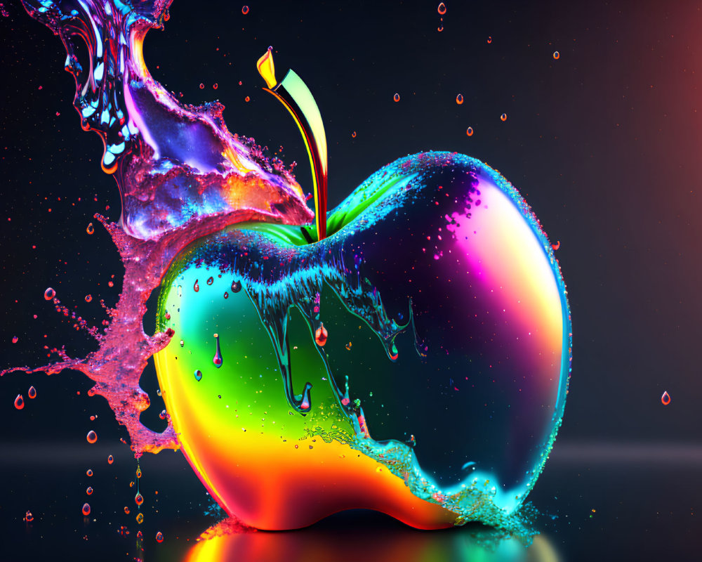 Neon-colored apple with water splash on dark gradient background