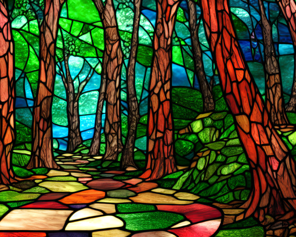 Vibrant forest scene in stylized stained glass design