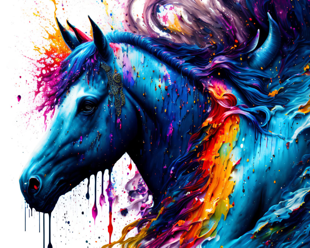 Colorful digital artwork: Blue unicorn with paint splatters