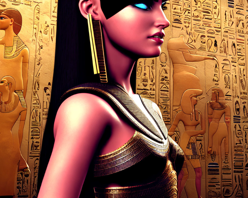3D-rendered female character in ancient Egyptian attire with hieroglyph-covered walls