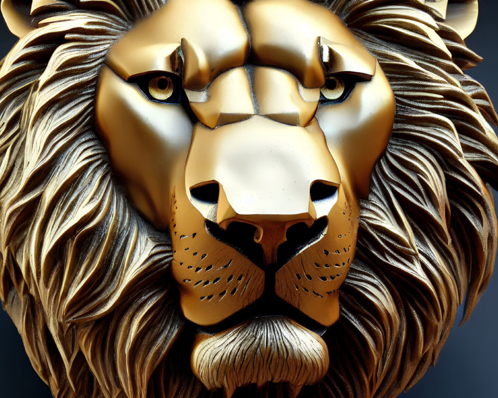 Detailed 3D Lion Head Rendering with Geometric Features in Gold & Bronze Tones