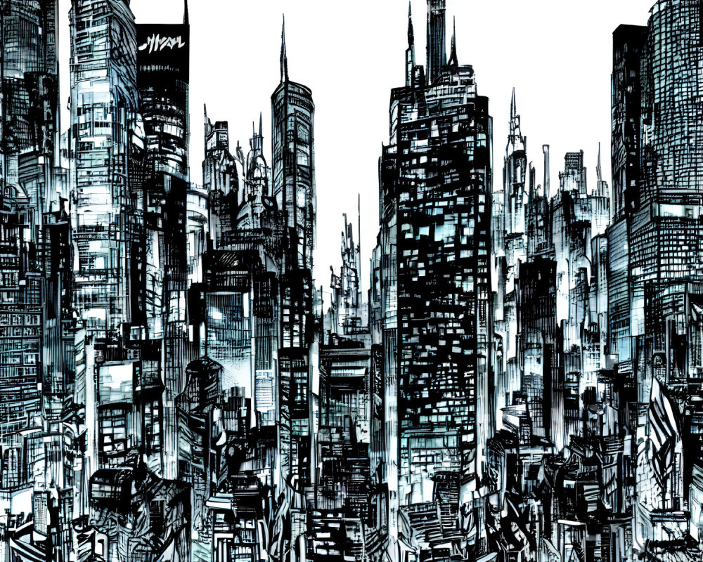 Detailed Monochromatic Futuristic Cityscape Illustration