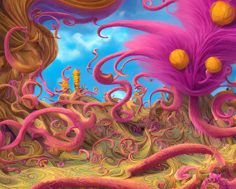 Colorful psychedelic landscape with purple trees, swirling patterns, and golden pagoda.