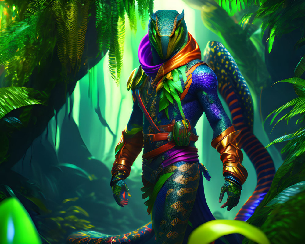 Colorful humanoid reptilian creature in vibrant jungle setting