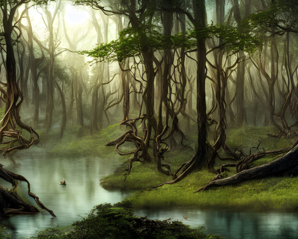 Tranquil forest scene with twisted trees, lush greenery, river, and boat