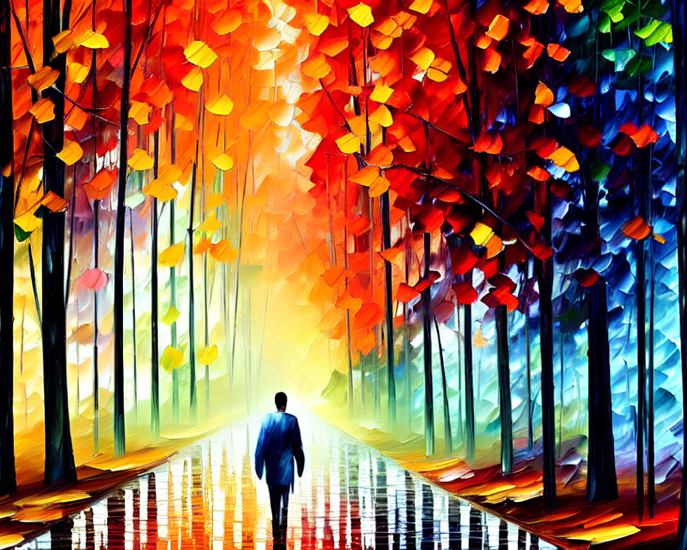 Person in Blue Suit Walking Through Colorful Autumn Forest Path