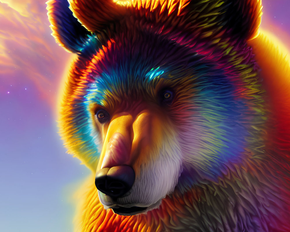 Colorful Bear Portrait Against Dreamy Sky Backdrop