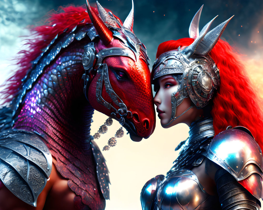 Red-Haired Warrior and Mythical Horse in Detailed Armor Under Starry Sky