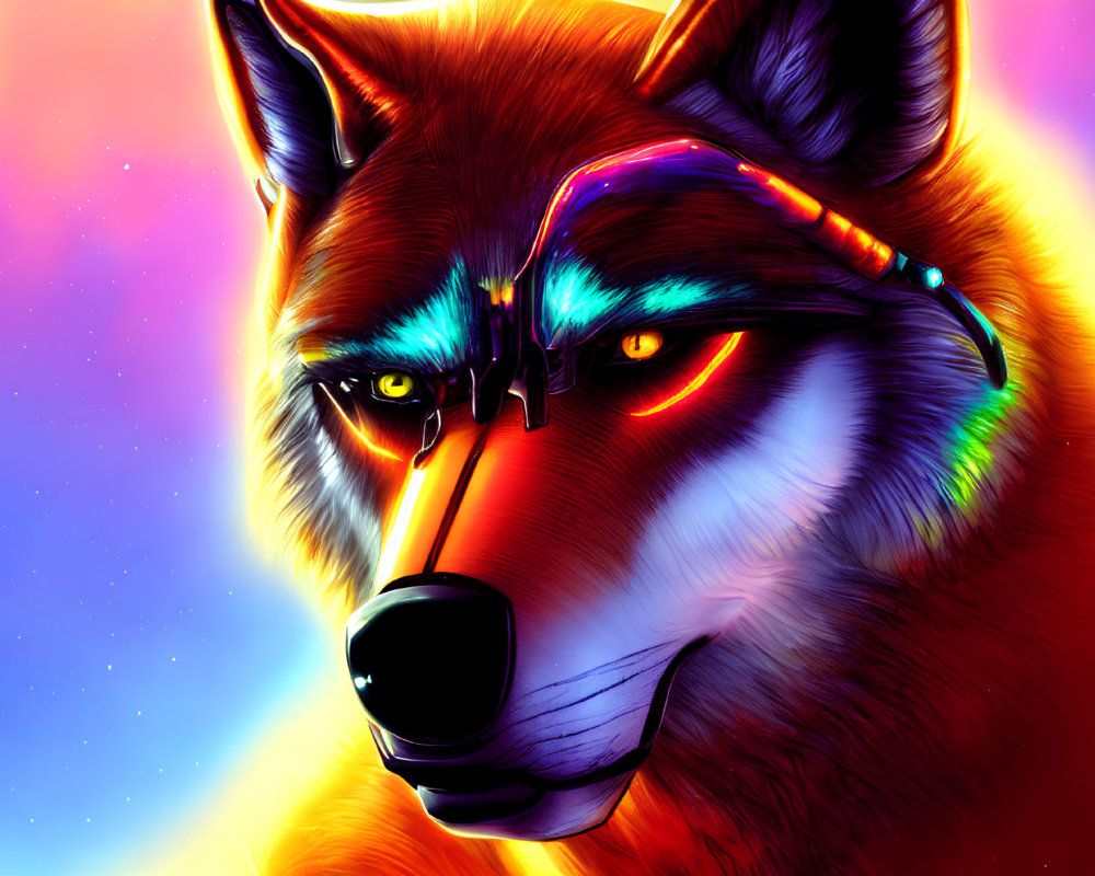 Colorful Digital Artwork: Wolf with Glowing Eyes and Neon Colors