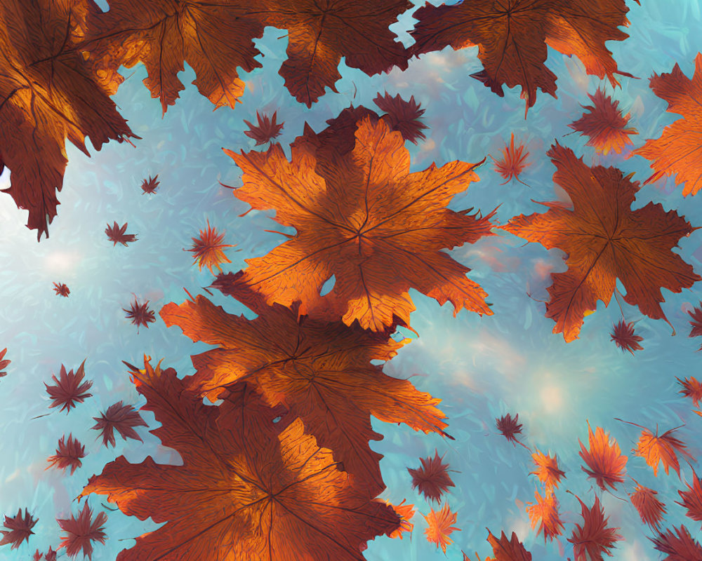 Autumn leaves in warm hues under serene blue sky