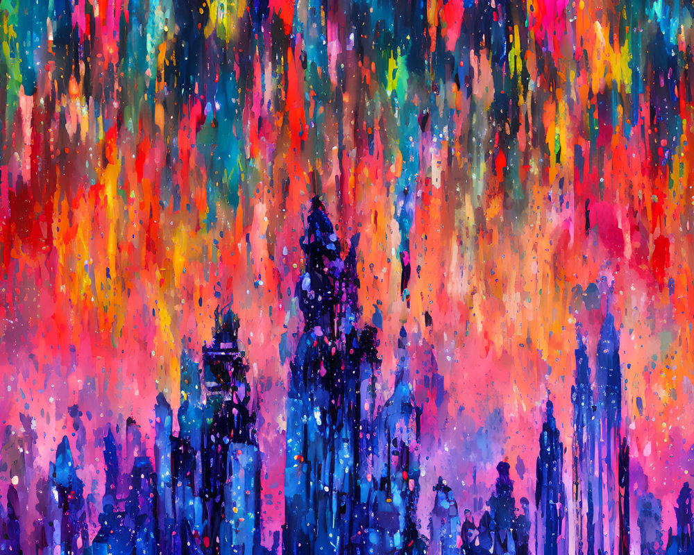 Colorful Abstract City Skyline Painting with Red, Blue, Orange, and Purple Splashes