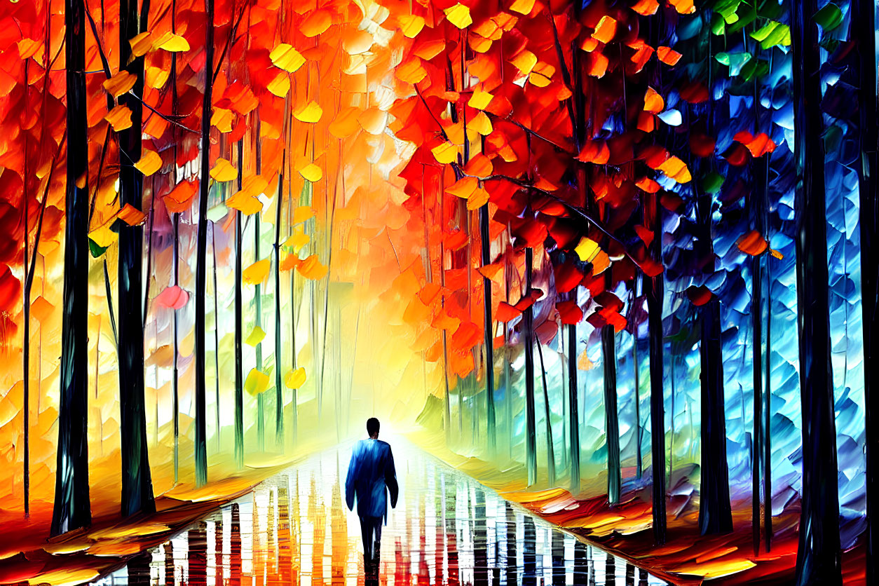 Person in Blue Suit Walking Through Colorful Autumn Forest Path
