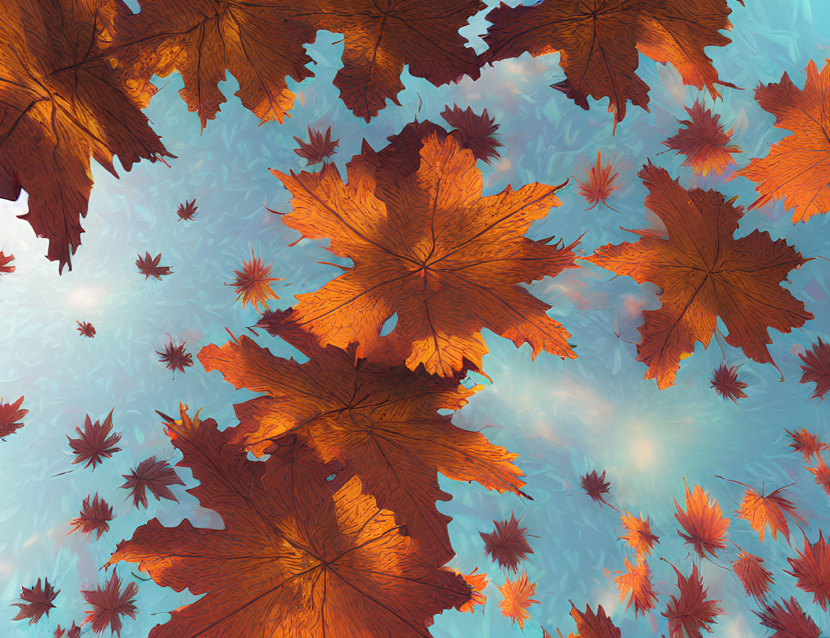 Autumn leaves in warm hues under serene blue sky