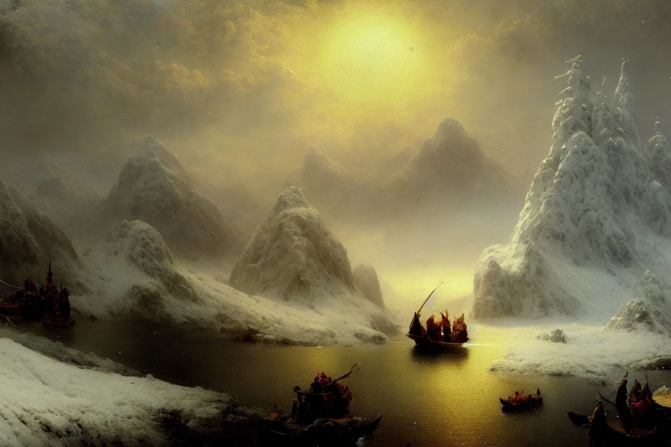 Snow-covered mountains, dark water, glowing sun: mystical winter landscape