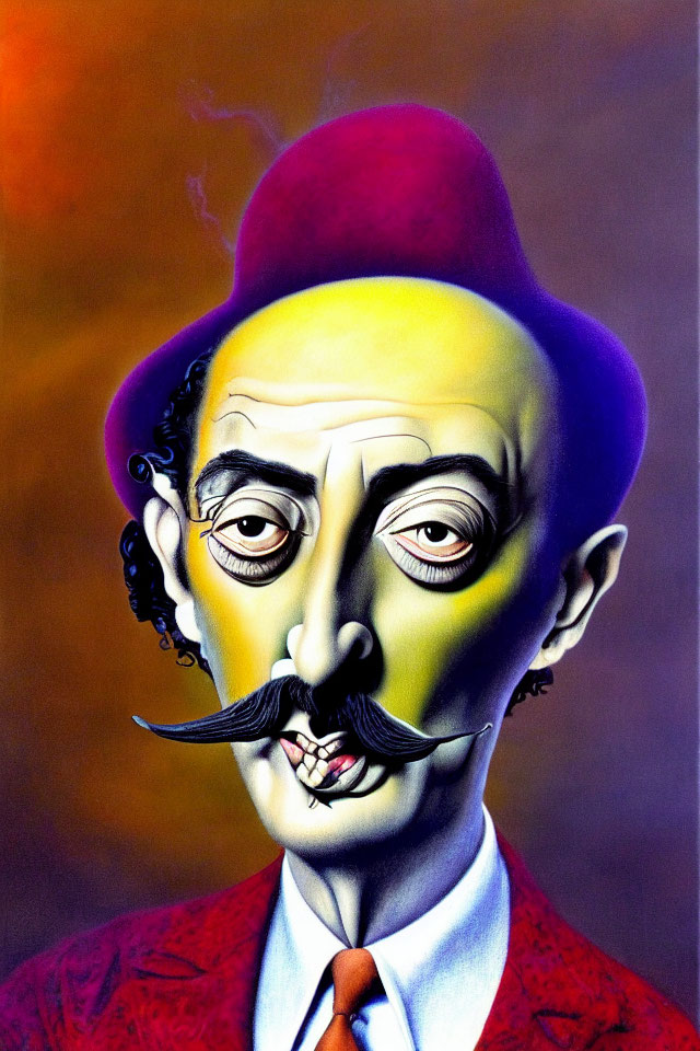 Colorful surreal portrait of male figure with exaggerated mustache and bowler hat