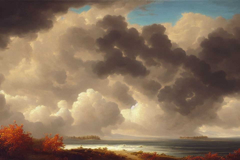 Dramatic landscape painting of cloudy sky, beach, calm waters, and autumn foliage