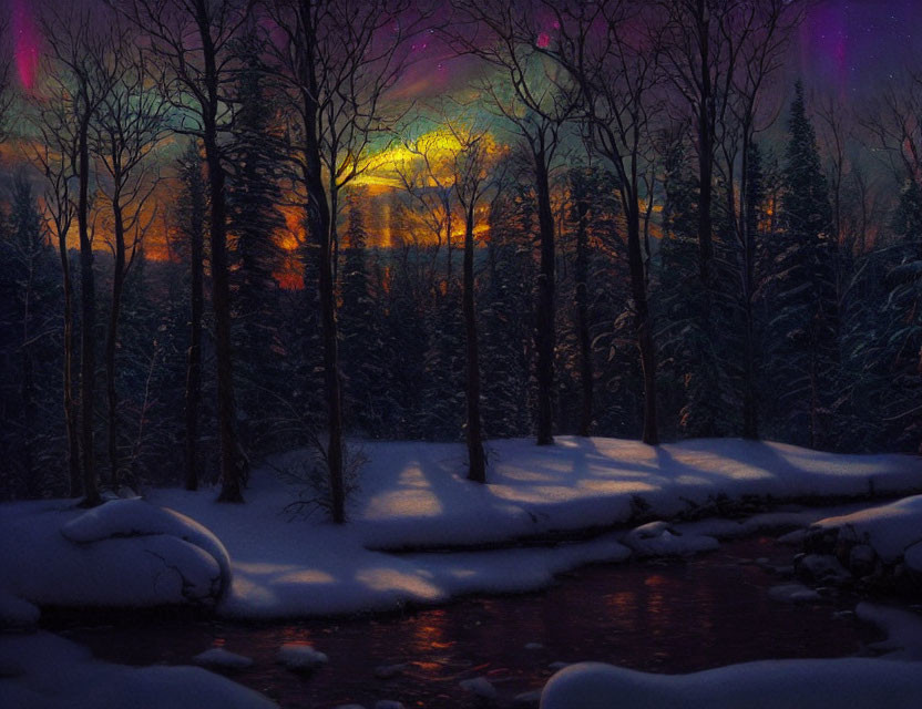 Snow-covered trees, flowing stream, vibrant sunset in tranquil winter scene