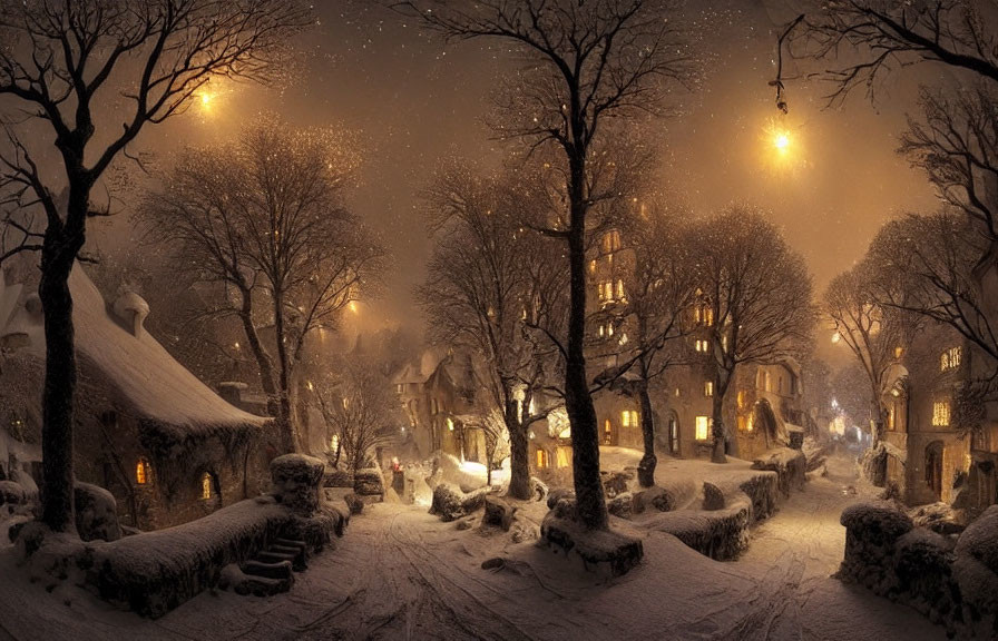 Snowy night village scene with warm streetlights illuminating snow-covered trees and buildings