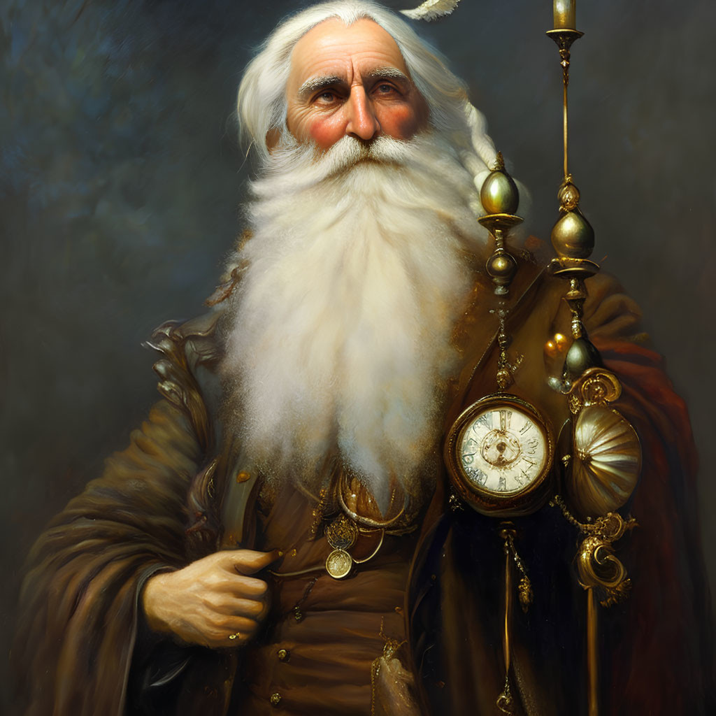 Elderly man in ornate clothing with clock and gears staff