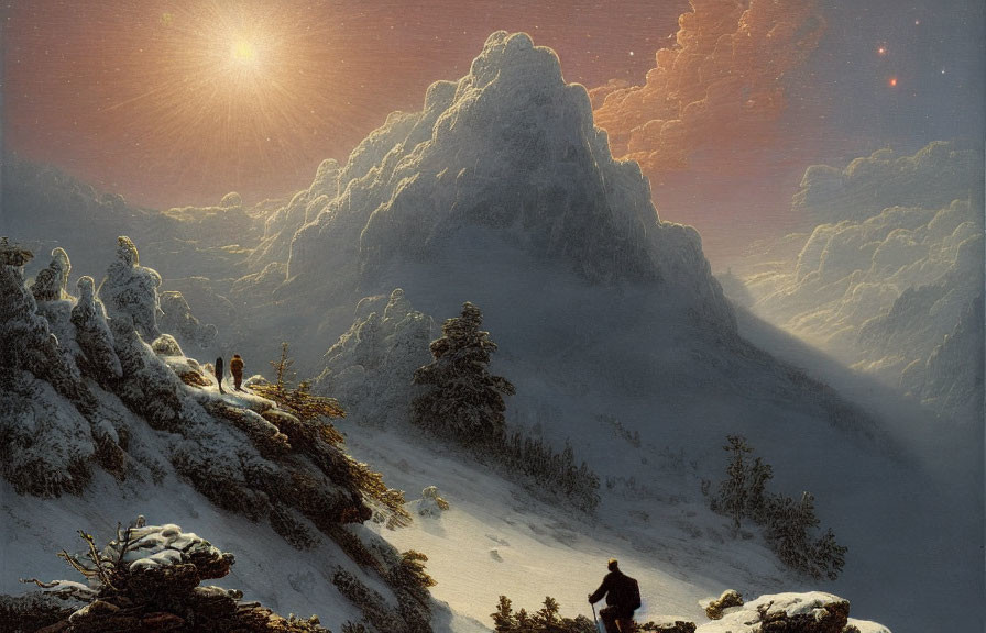 Snowy Mountain Landscape at Sunset with Sunbeams and Silhouette Viewing