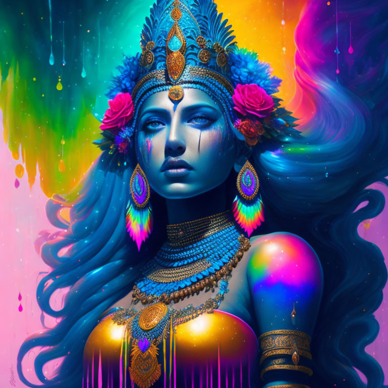 Vibrant artwork featuring blue-skinned female figure with elaborate gold headdress and jewelry