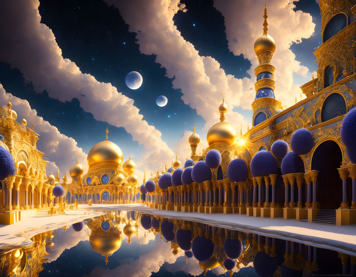 Golden domed palace reflecting in tranquil water under starry sky.