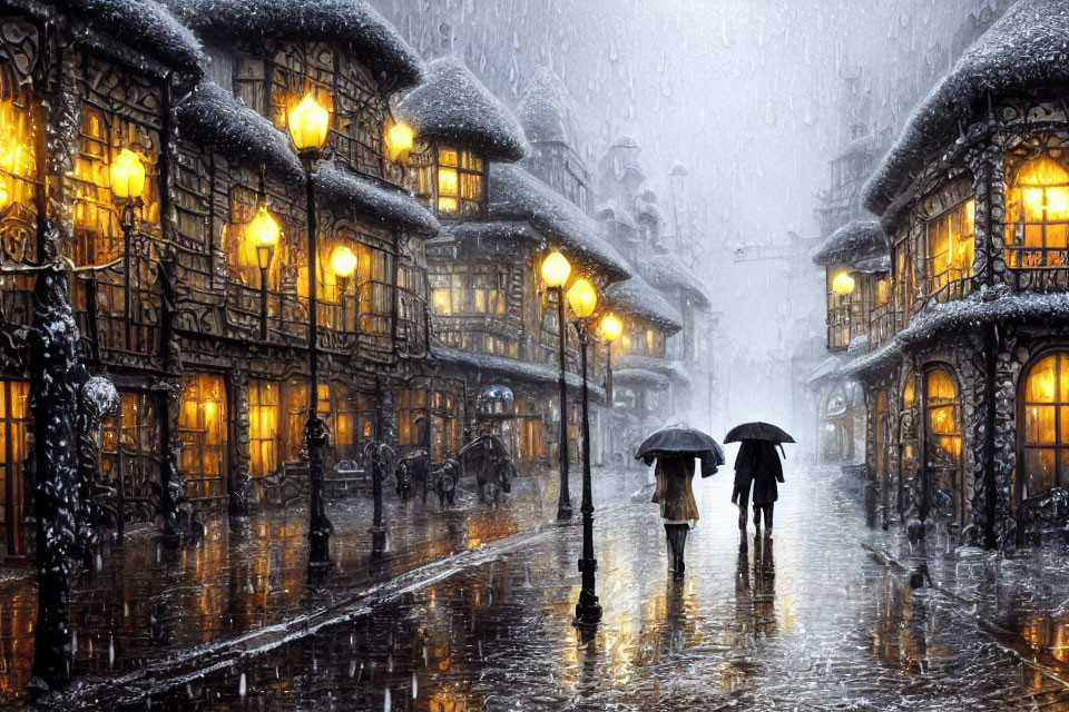 Snowfall scene: Two people with umbrellas on quaint street at twilight