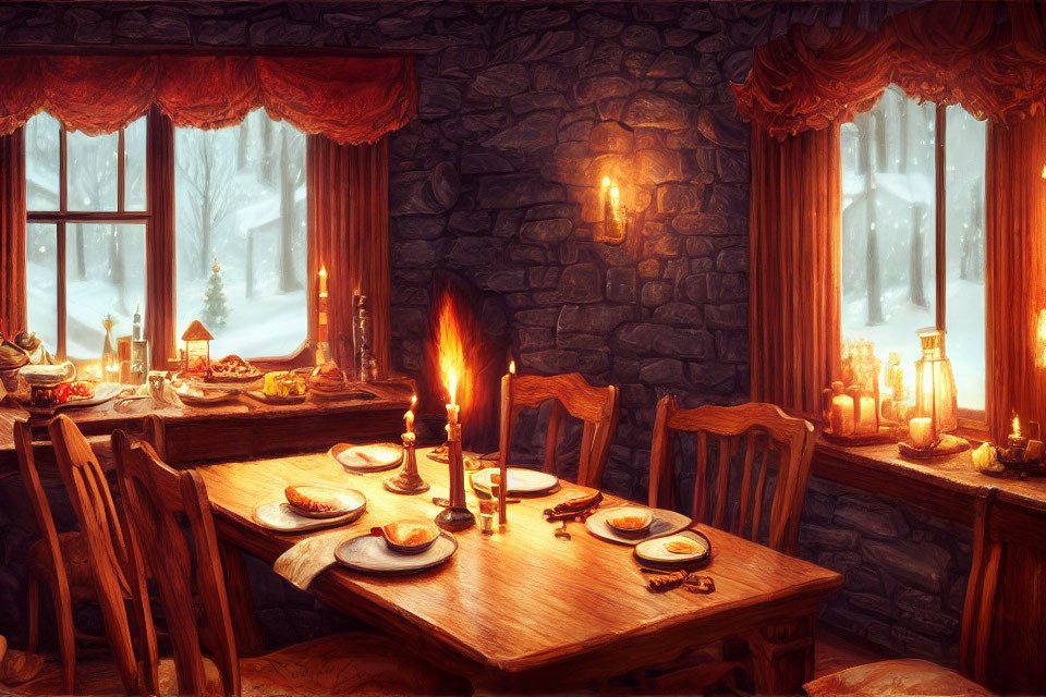 Rustic candle-lit dining room with snowy view and holiday decor
