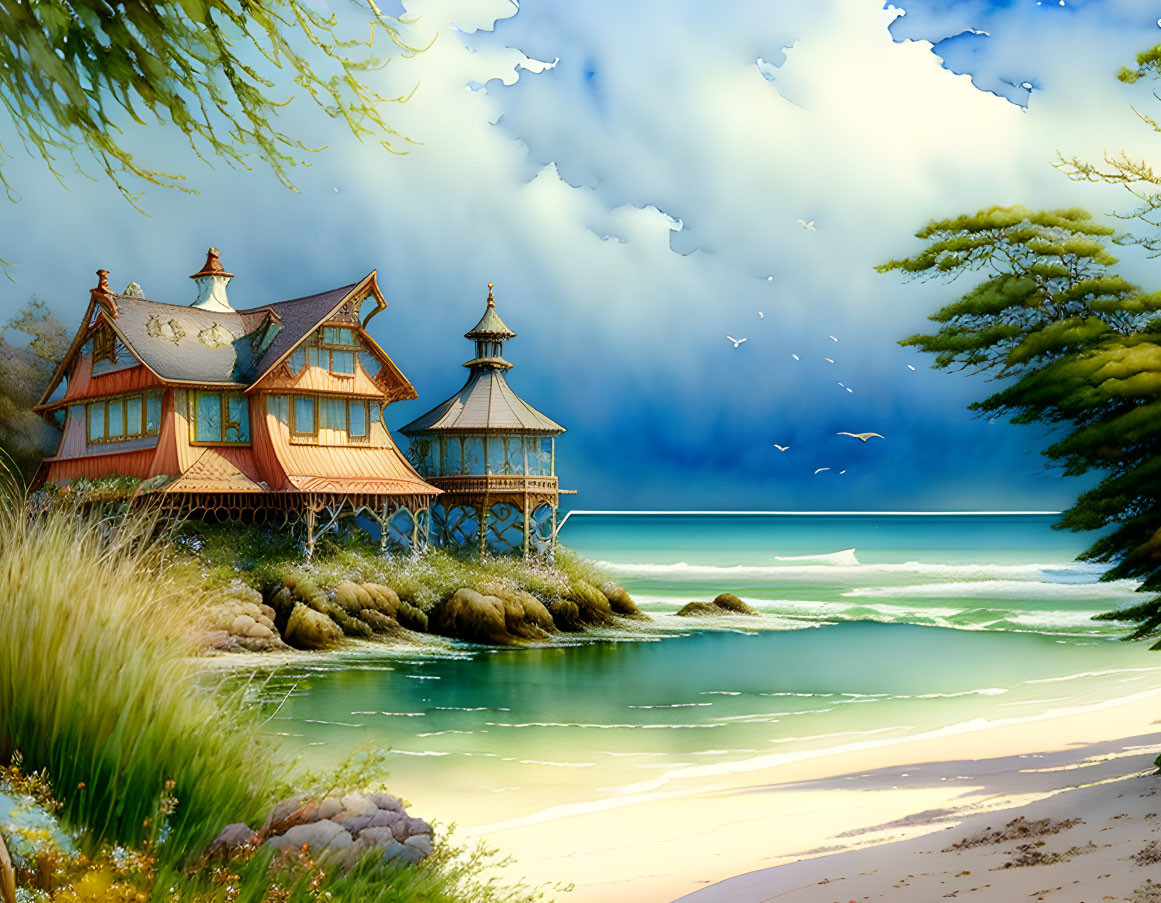 Victorian house on serene beach with trees, rocks, seagulls