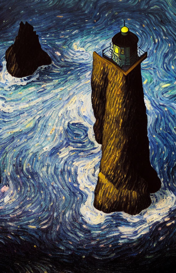 Stylized painting of lighthouse on steep cliff in swirling sea