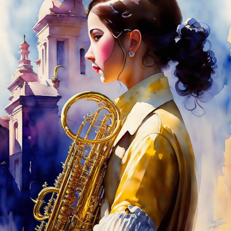 Vintage Outfit Woman Holding Saxophone with Watercolor Architecture