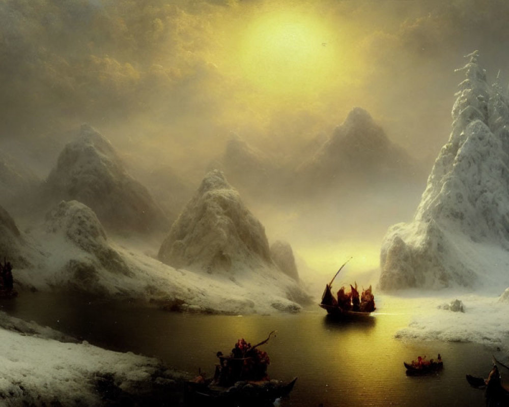 Snow-covered mountains, dark water, glowing sun: mystical winter landscape